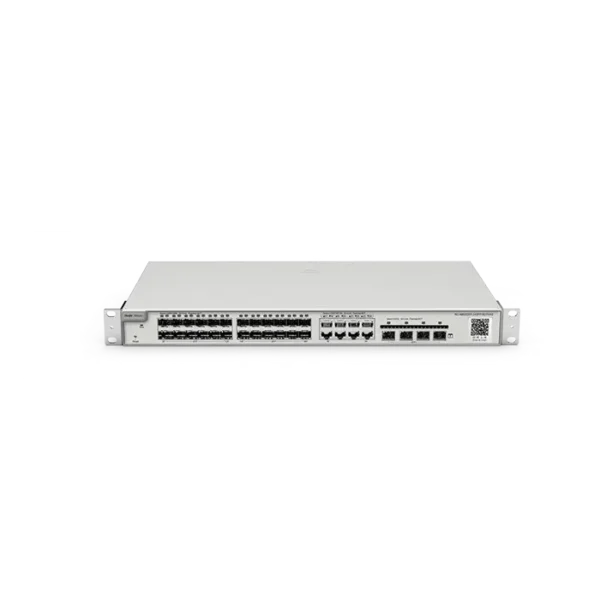 Image du switch RG‑NBS5200‑24SFP/8GT4XS, boîtier 1 U rack avec 24 ports SFP, 8 ports RJ‑45 Gigabit et 4 uplinks SFP+ 10 Gbps, design fanless.
